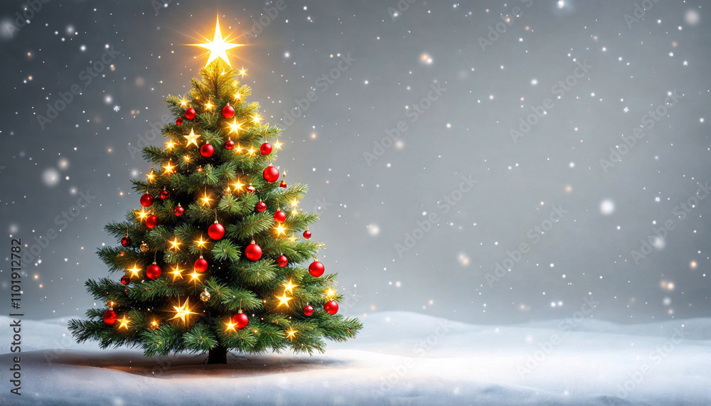 Festive Christmas tree adorned with glowing lights and ornaments sets a cheerful atmosphere in a snowy winter landscape Festive Christmas tree adorned with glowing lights and ornaments sets a cheerful atmosphere in a snowy winter landscape
