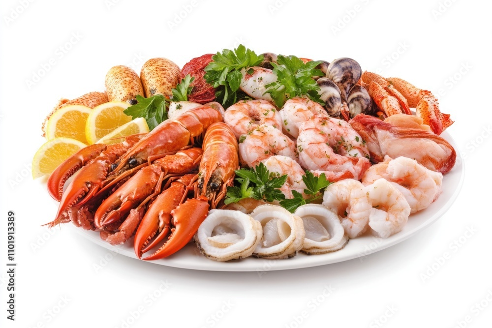 Fresh seafood arranged on a white plate, great for food photography or restaurant promotions Fresh seafood arranged on a white plate, great for food photography or restaurant promotions