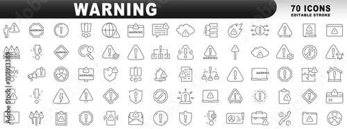 Big set of warning related line icons. Alert, caution, danger, error, shield etc. Editable stroke photo