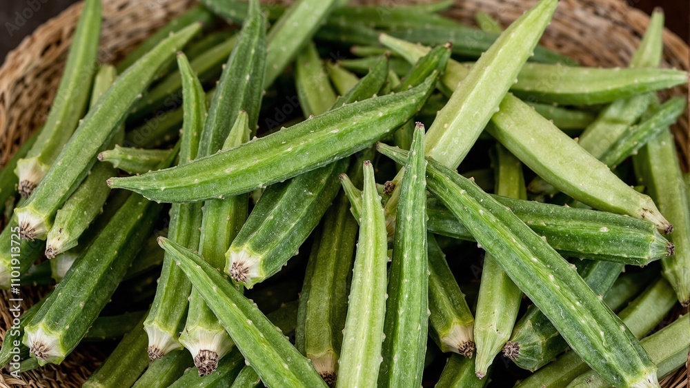 Freshly picked okra pods in a rustic basket showcasing vibrant green colors Freshly picked okra pods in a rustic basket showcasing vibrant green colors