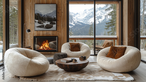 Mountain View Living Room: Cozy and stylish living room with three cream-colored armchairs, a wooden coffee table, a fireplace, and a breathtaking mountain view through large windows.