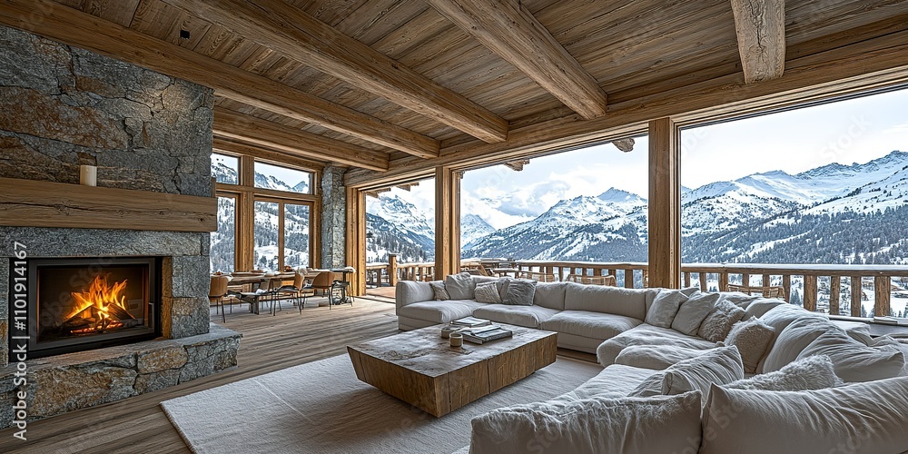 Cozy mountain retreat features spacious living area with panoramic views and warm fireplace for winter relaxation Cozy mountain retreat features spacious living area with panoramic views and warm fireplace for winter relaxation