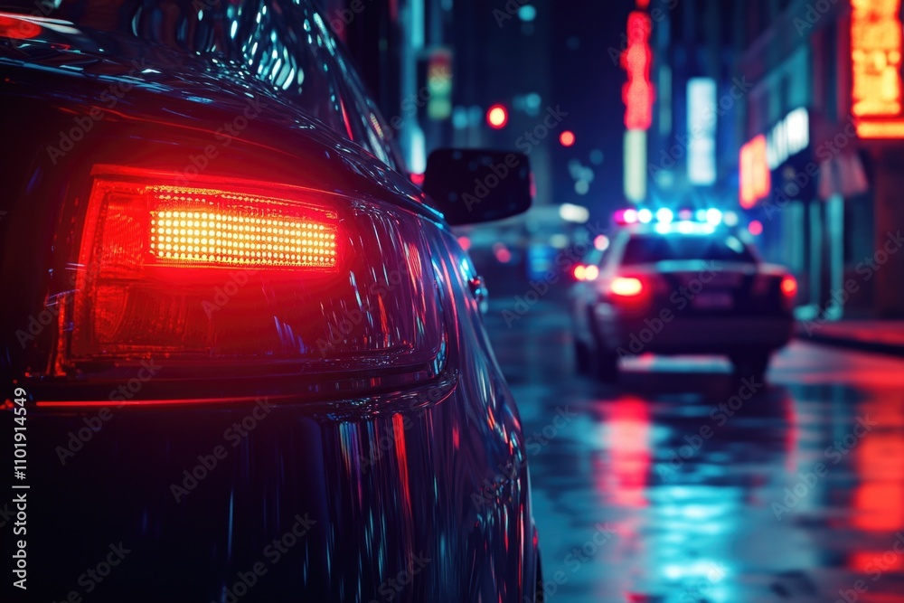 Police vehicle on urban road under nighttime conditions, suitable for use in law enforcement, urban planning or transportation themes Police vehicle on urban road under nighttime conditions, suitable for use in law enforcement, urban planning or transportation themes