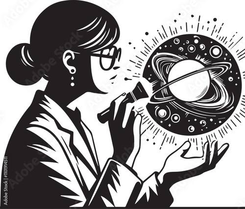 Scientist Examining a Cosmic Mystery with a Magnifying Glass. A black and white illustration of a scientist in a lab coat, seated and intently examining a swirling galaxy-like sphere through a magnify