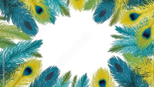 Tropical white circle framed by vibrant blue yellow and green feathers photo