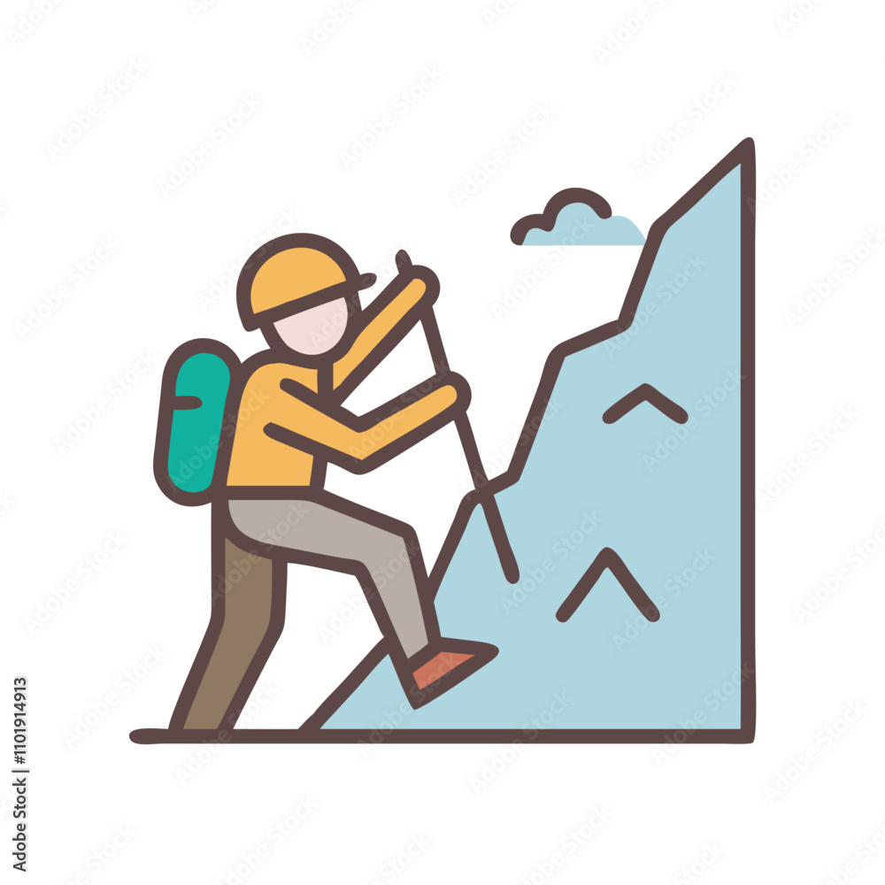 Mountaineer scaling rock with backpack icon Mountaineer scaling rock with backpack icon