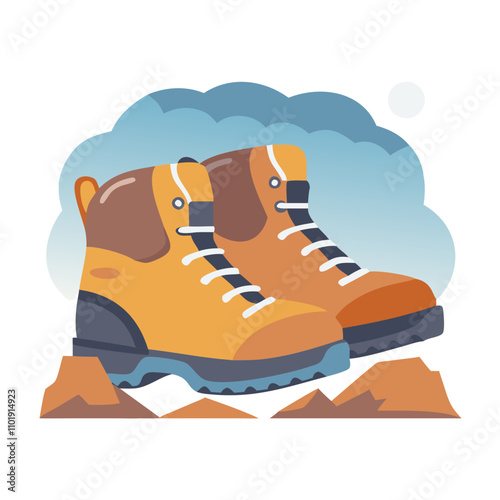 Hiking boots icon with mountain background