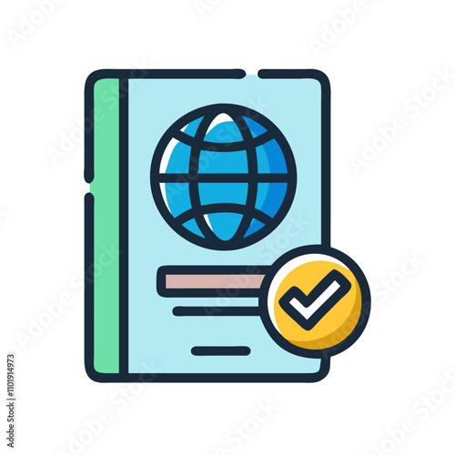 Passport with globe and approval check icon