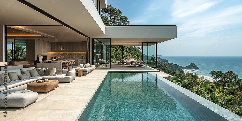 Modern luxury villa with ocean view and serene landscape in a tropical setting Modern luxury villa with ocean view and serene landscape in a tropical setting