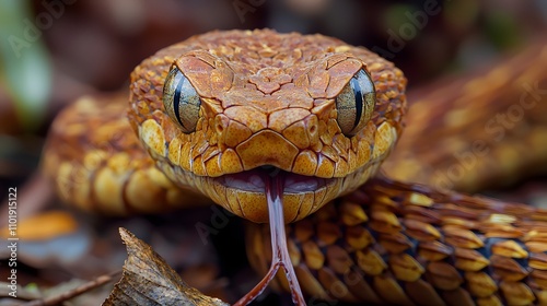 The venomous brown snake slithered through the desert grass, its scales shimmering in the sun photo