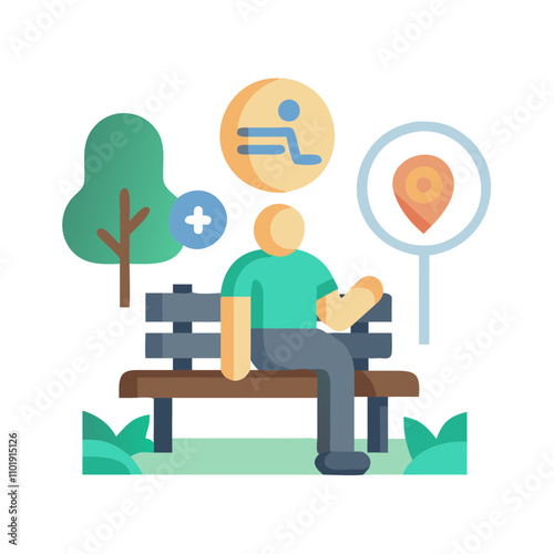 Person sitting on park bench with nature elements icon