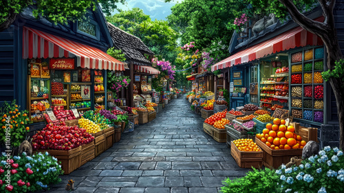 Colorful stalls showcase an array of fruits and flowers along a cobblestone path in a charming village market under blue skies