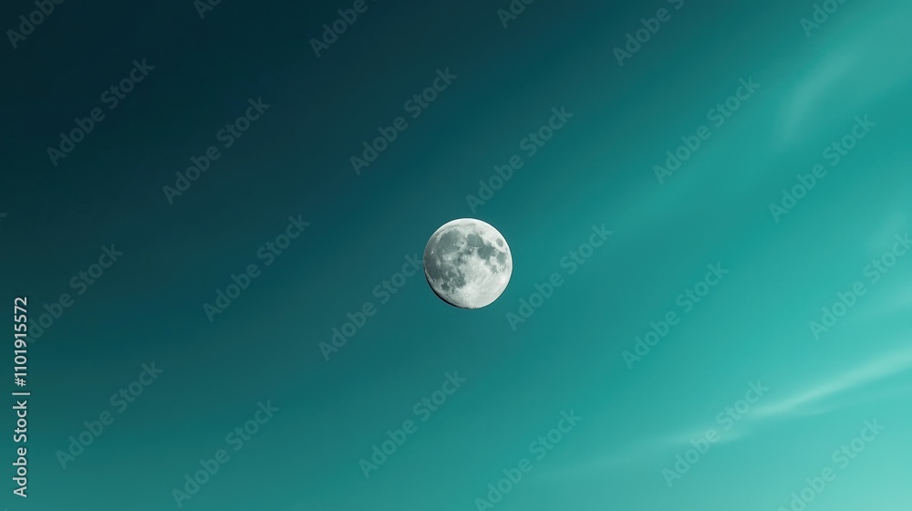 Full moon in a clear teal sky with visible lunar surface details and a serene atmosphere ideal for nature or astronomy themes. Full moon in a clear teal sky with visible lunar surface details and a serene atmosphere ideal for nature or astronomy themes.