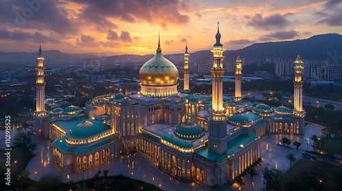 A grand mosque with golden domes under a radiant twilight sky photo