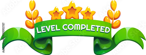 Level completed game asset, badge or icon. Vector gui interface popup reward element with gold stars, laurel branches and green banner. Award bonus for mobile app, video or online game success prize