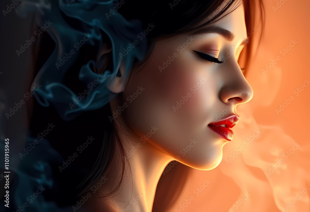 A serene woman with closed eyes is surrounded by swirling colorful smoke. The blend of colors creates a dreamy and peaceful atmosphere, evoking a sense of tranquility. A serene woman with closed eyes is surrounded by swirling colorful smoke. The blend of colors creates a dreamy and peaceful atmosphere, evoking a sense of tranquility.