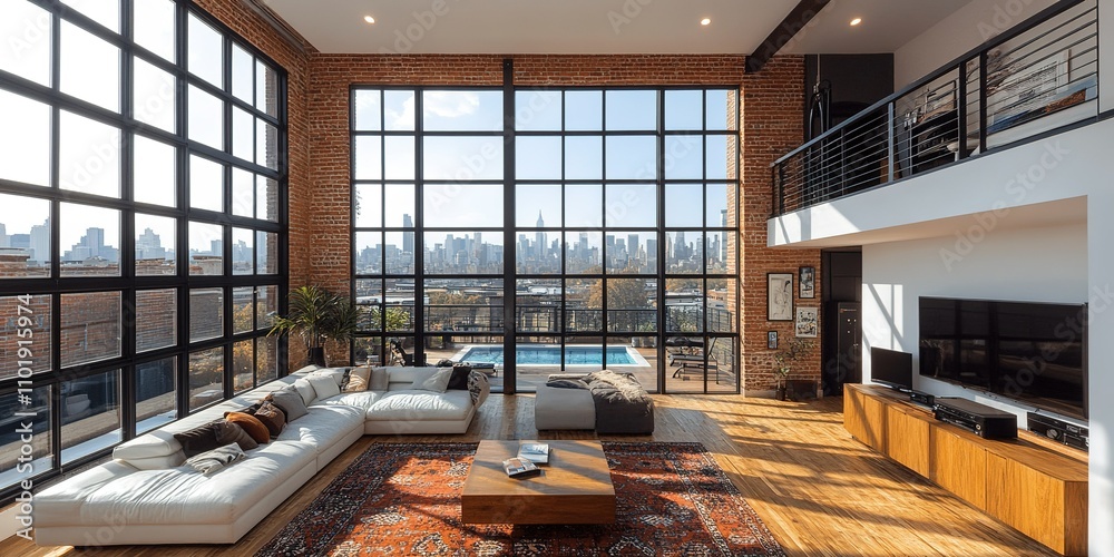Spacious urban loft with large windows showcasing city skyline and modern design elements