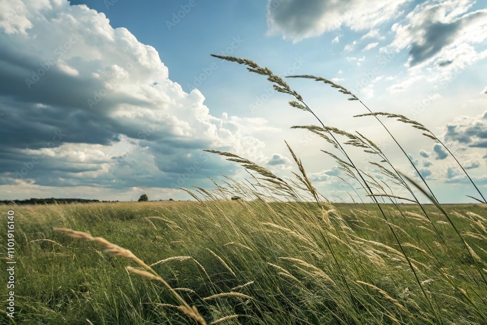 Obraz premium A field of tall grass swaying gently under the wind and clouds, wind, natural scenery, clouds, open field