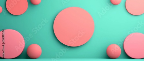 Wallpaper Mural A vibrant, minimalist design featuring pink circles against a teal background, creating a modern and playful aesthetic. Torontodigital.ca