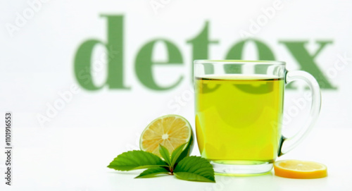 A mug of green tea with the word "detox" written in large letters in the background. Next to it are two mint leaves on a white background, creating a feeling of freshness and health.