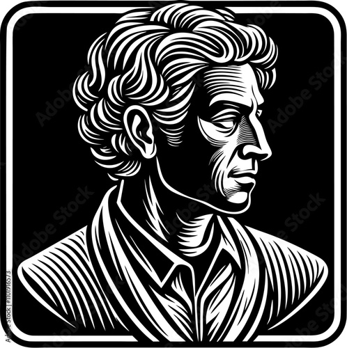 Classic gentleman bust avatar in engraving style. Black and white man drawing, in vintage style