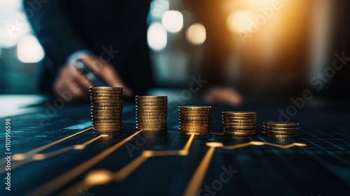 business strategy growth scalability Concept. A close-up of stacked coins on a table, symbolizing financial growth, with blurred hands and bright lighting in the background. photo