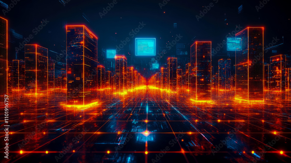 Fototapeta premium A vibrant city skyline with illuminated buildings and digital displays creates a futuristic atmosphere, showcasing a blend of technology and urban life