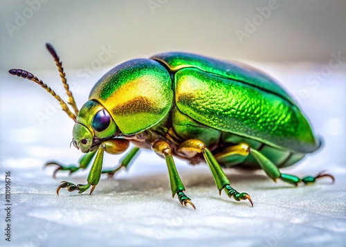 Stunning Panoramic View of a Vibrant Green Beetle on a Pristine White Background, Showcasing Nature's Detail and Colorful Insect Beauty in High Resolution