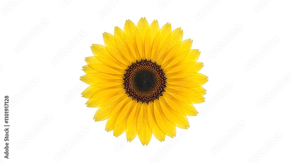 Fototapeta premium Vibrant yellow sunflower with curled petals and dark brown center on white background