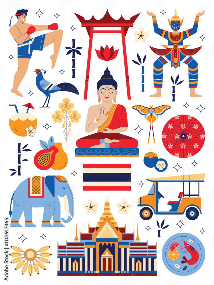 Thailand Travel Symbols and Bangkok Landmarks Set