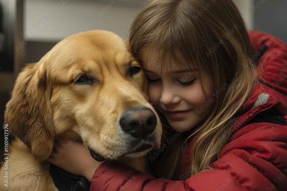 A young girl with long blonde hair is hugging her golden retriever dog. They are both smiling and looking at each other with affection. A young girl with long blonde hair is hugging her golden retriever dog. They are both smiling and looking at each other with affection.