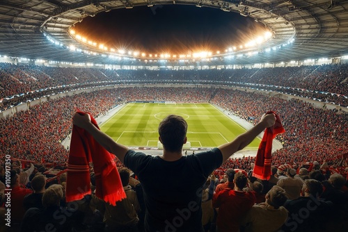 Soccer fan raising scarf amidst excited crowd in stadium photo