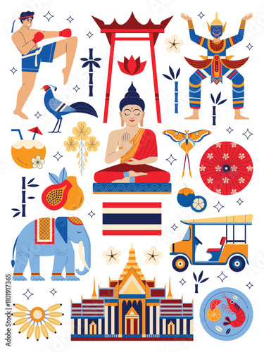 Obraz na płótnie Thailand Travel Symbols and Bangkok Landmarks Set w salonie