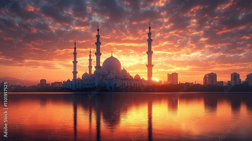 Obraz premium A grand mosque glowing under the golden glow of a peaceful sunrise