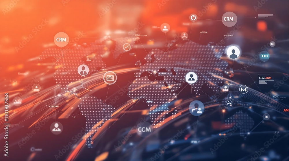 Fototapeta premium Global Digital Networking and CRM Conceptual Image with World Map. Generator AI