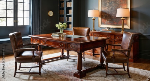 Heavy polished wood desks paired with leather chairs and soft rugs