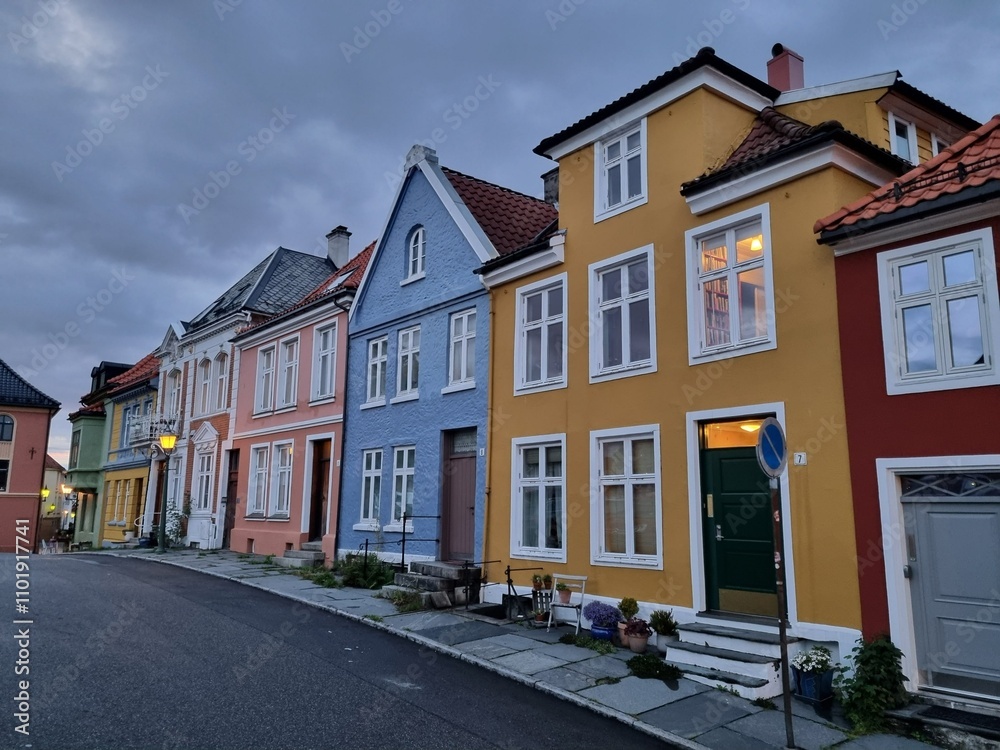 A vibrant street scene featuring colorful houses that create a lively urban atmosphere A vibrant street scene featuring colorful houses that create a lively urban atmosphere