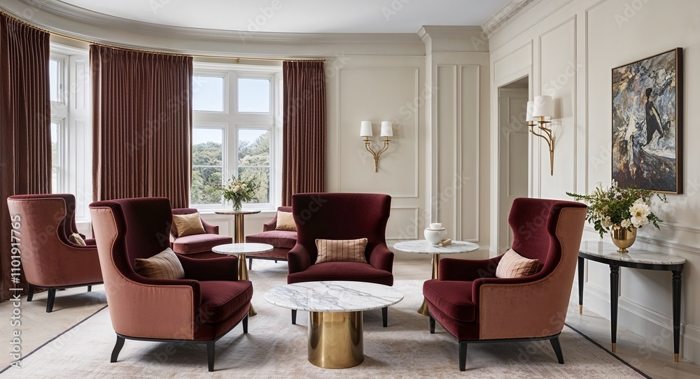 High backed velvet armchairs paired with marble topped tables