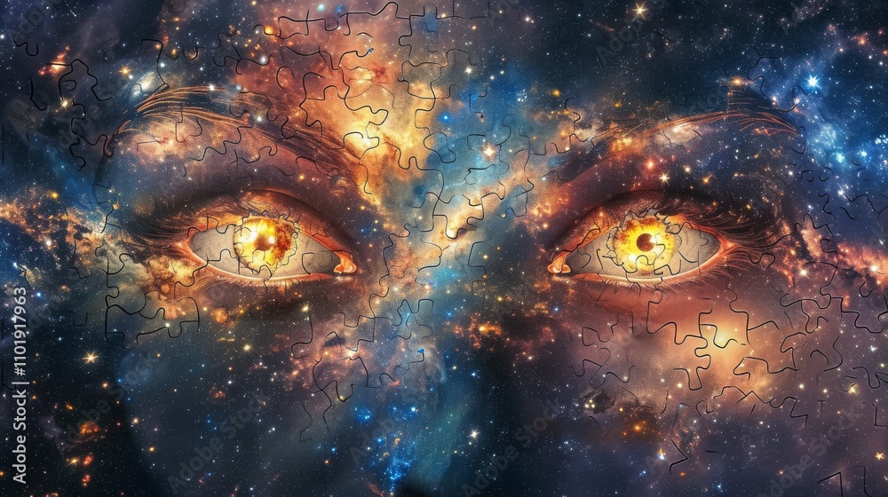 A mesmerizing abstract image showing cosmic eyes with bright flames within, set against a puzzle-like galaxy. The piece evokes a sense of wonder, mystery, and introspection. A mesmerizing abstract image showing cosmic eyes with bright flames within, set against a puzzle-like galaxy. The piece evokes a sense of wonder, mystery, and introspection.