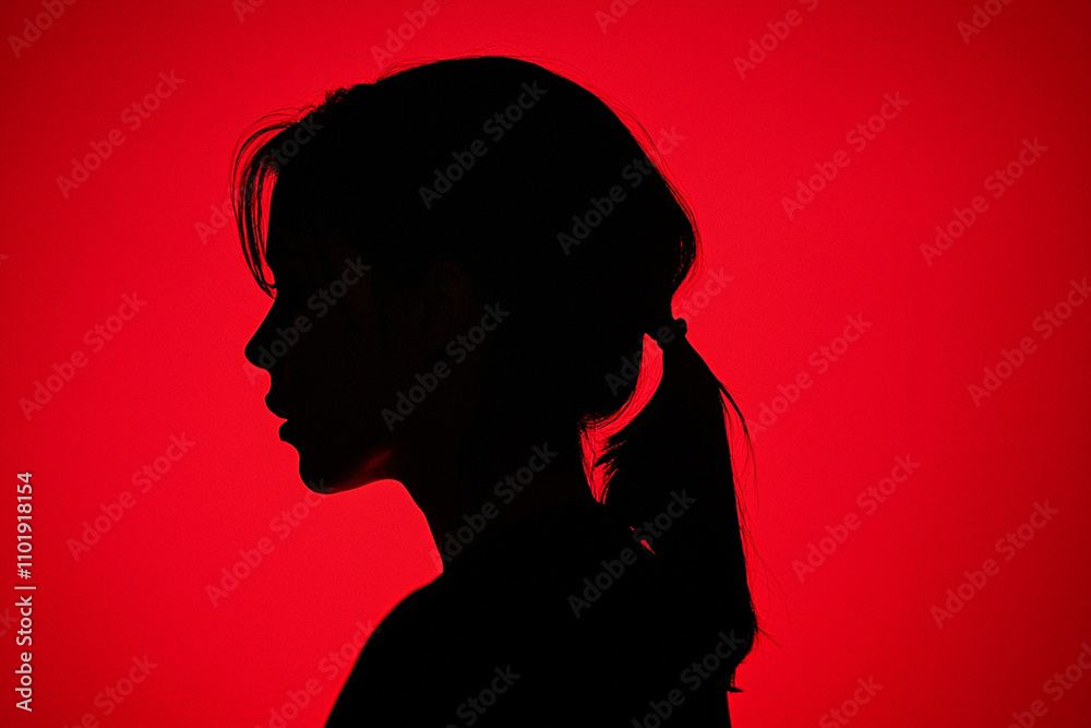 Silhouette of a young woman against a striking red background