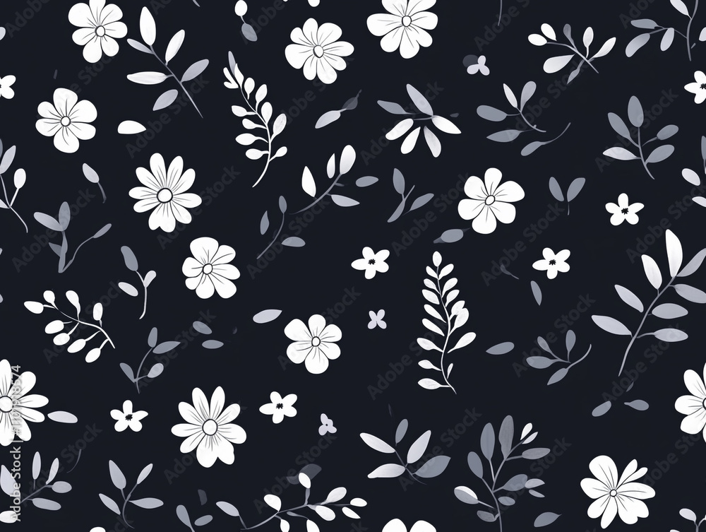 A pattern of small white flowers and leaves on a black background. A pattern of small white flowers and leaves on a black background.