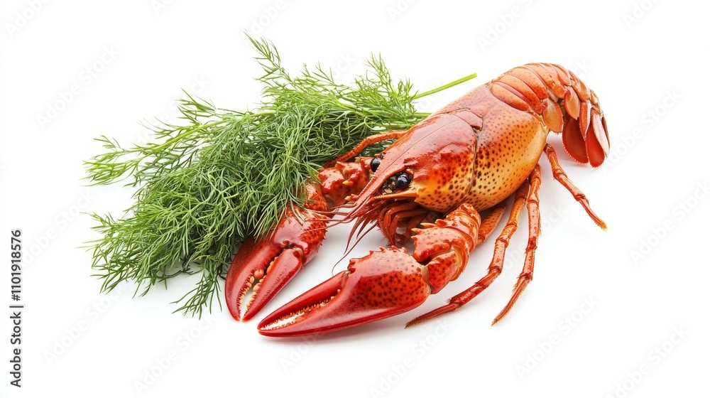 Boiled crayfish with dill isolated on white background