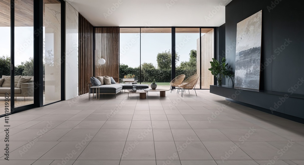 Fototapeta premium Large unbroken floor tiles creating a seamless spacious feel