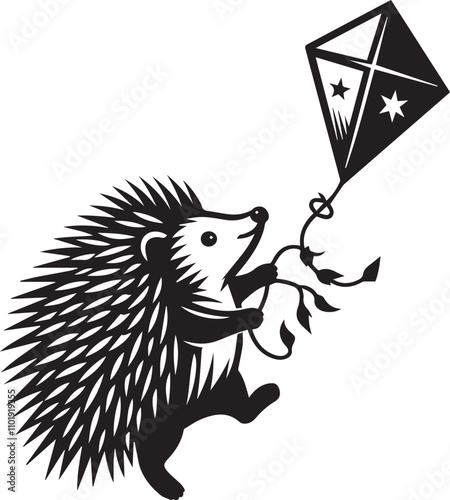 Black silhouette of a hedgehog flying a kite vector