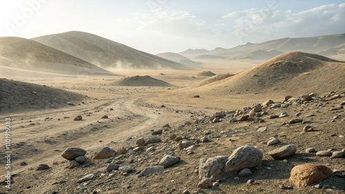 A landscape of hills with pebbles and dust covering the surface, geological features, rough terrain, weathered rocks photo