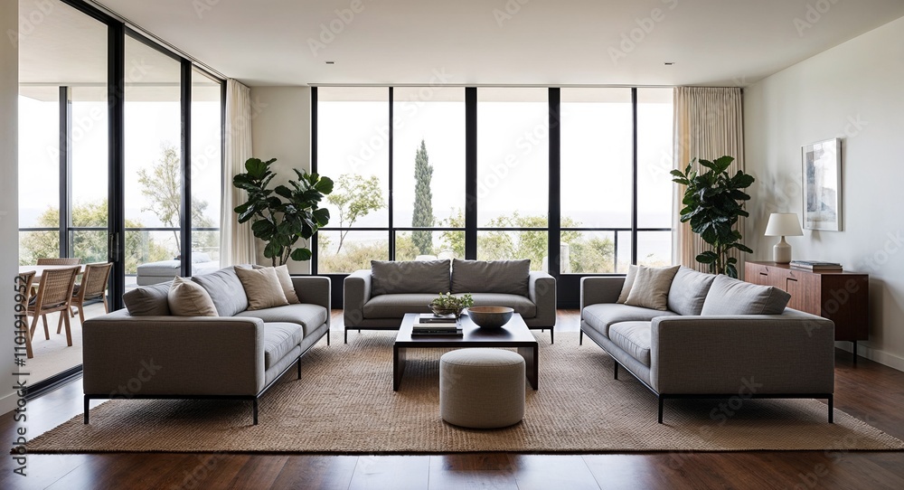 Fototapeta premium Living spaces with low profile sofas and clean straight edged furniture