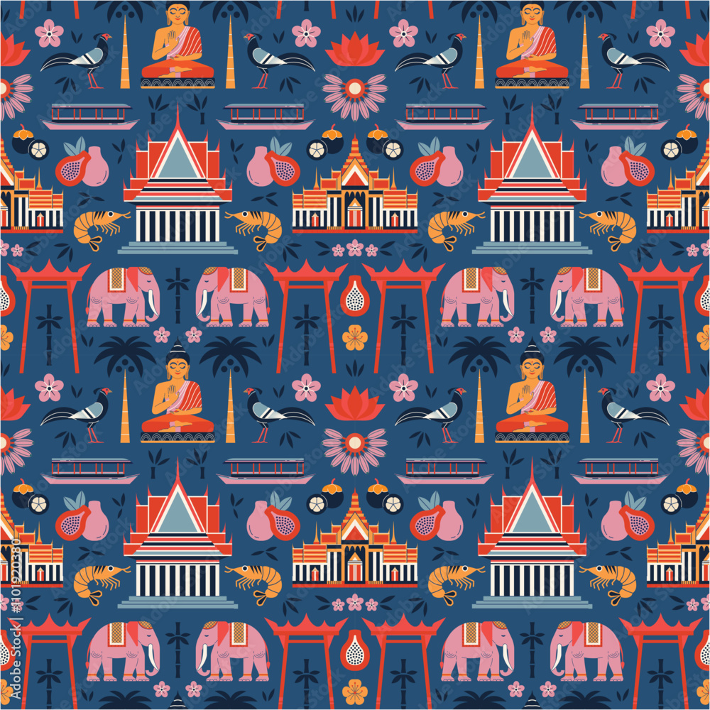 Travel Thailand and Bangkok Seamless Pattern