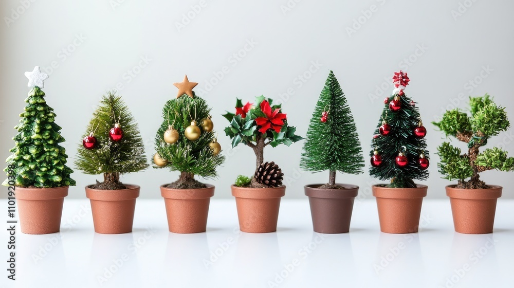Fototapeta premium A collection of small potted Christmas trees, each decorated with tiny ornaments, displayed on a white surface.