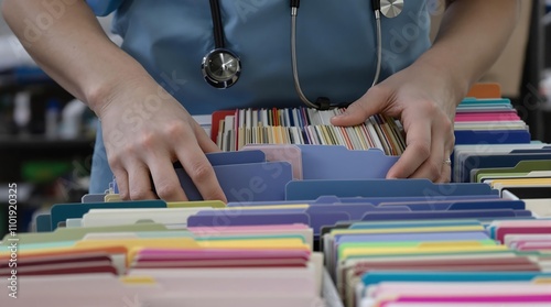 Healthcare Professional Organizing Medical Records in Files and Folders. Generator AI