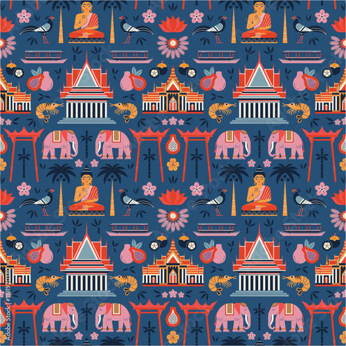 Obraz na płótnie Travel Thailand and Bangkok Seamless Pattern w salonie